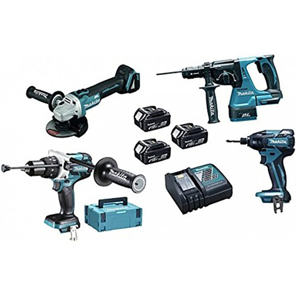 Makita DLX4050TJ Maschinen Pack 4 + 3 akku 18V 5Ah Li-ion + 2 koffer Makpac, Schwarz/Blau