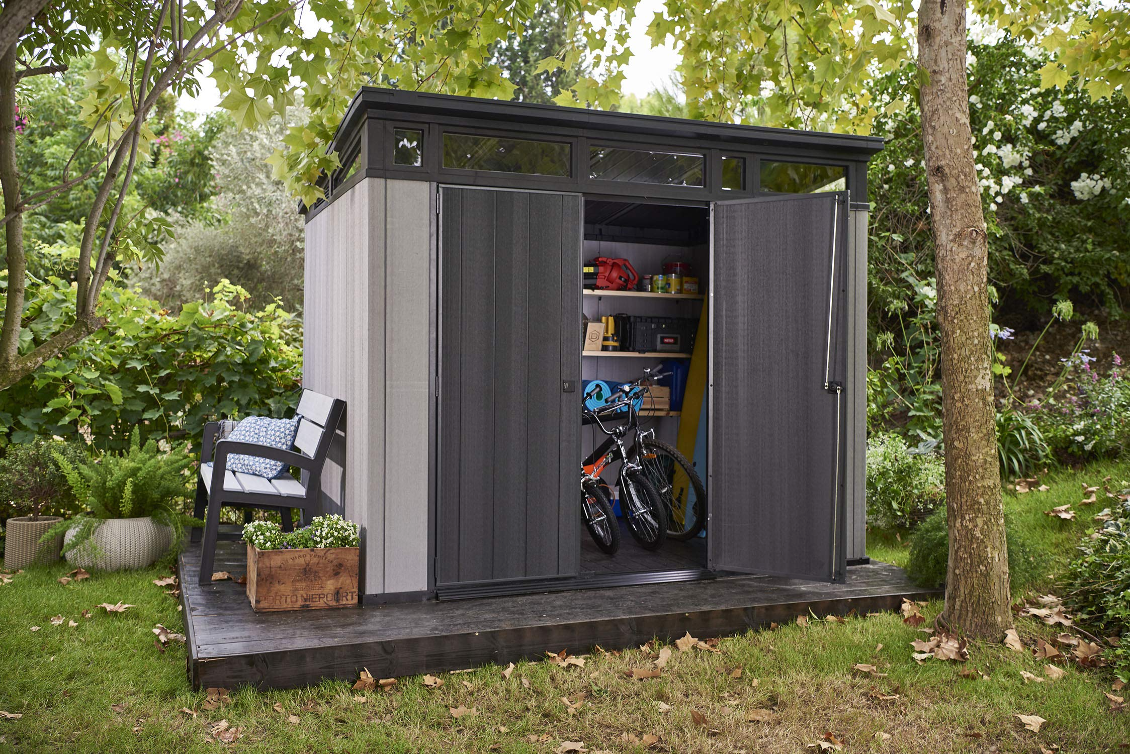 9x7 Foot Large Outdoor Shed with Floor with Modern Design for Patio Furniture, Tools