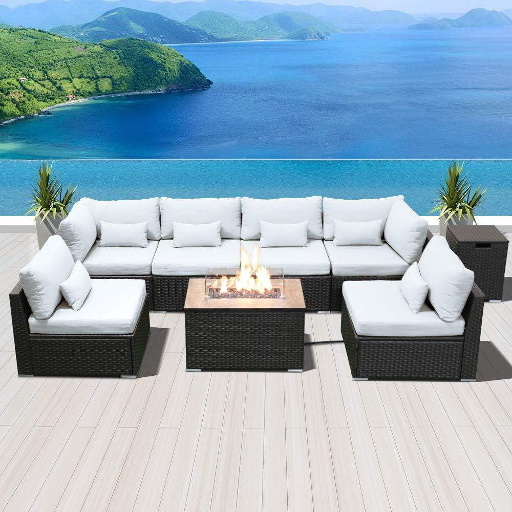 Dineli Sectional Sofa with Gas/Propane Fire Pit Table Outdoor Patio Furniture Sets