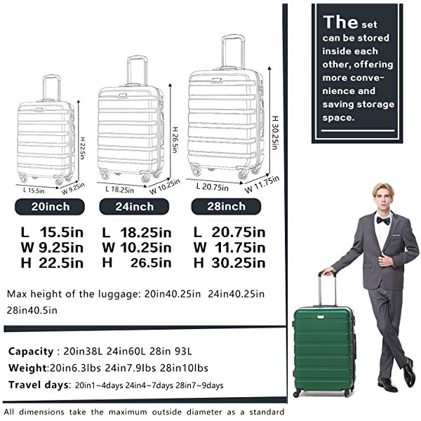 COOLIFE Luggage 3-Piece Set Hardshell Lightweight Spinner Luggage TSA Lock