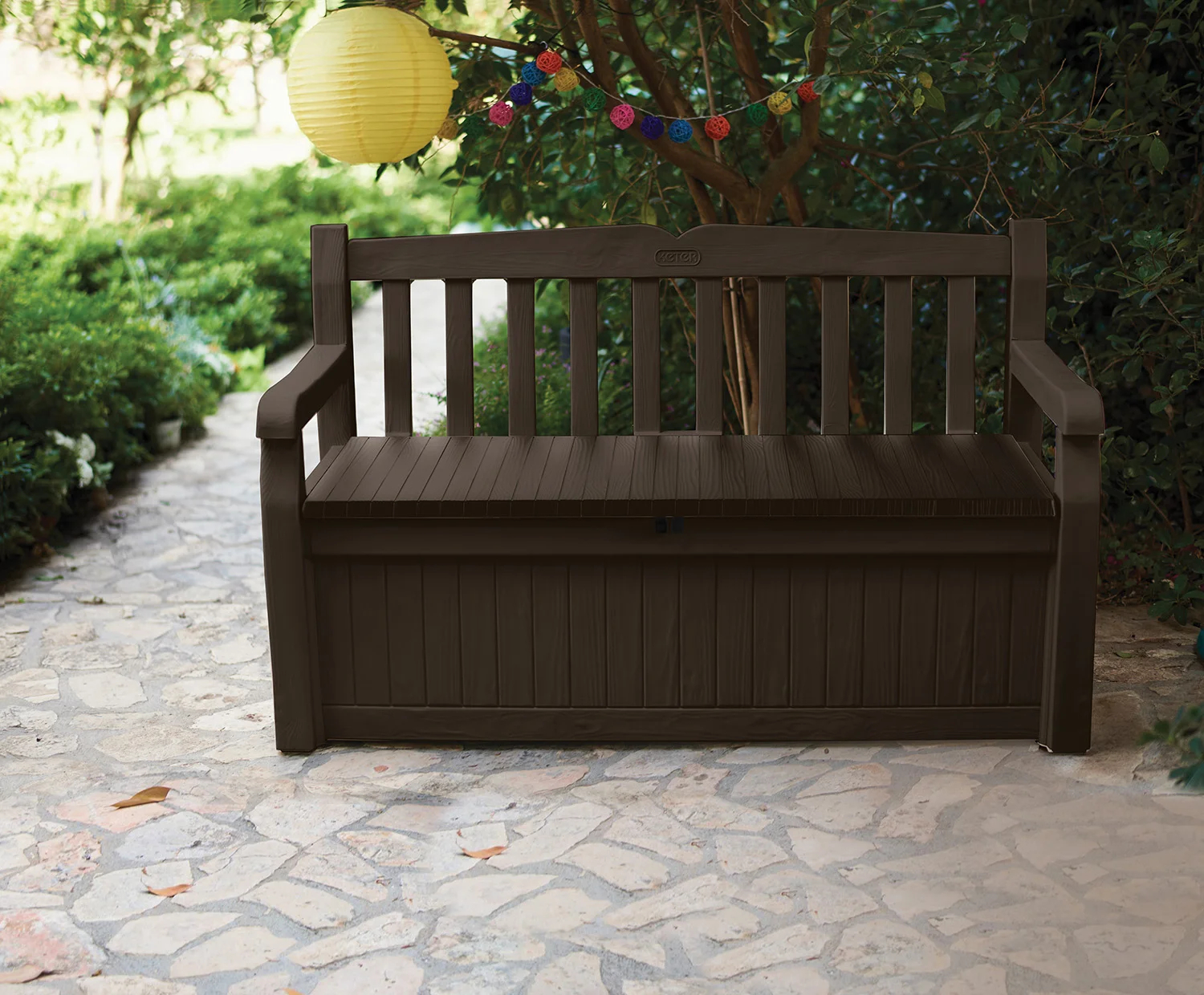 【Storage Shed】Solana Chic Elegant Wood-Look Storage Bench with Comfy Durable Weather Resistance Sitting