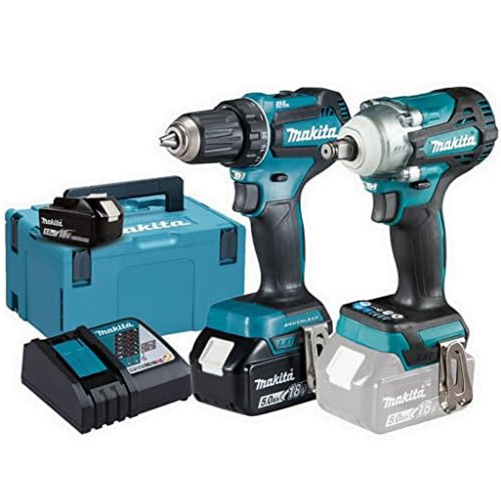 Makita DLX4050TJ Maschinen Pack 4 + 3 akku 18V 5Ah Li-ion + 2 koffer Makpac, Schwarz/Blau