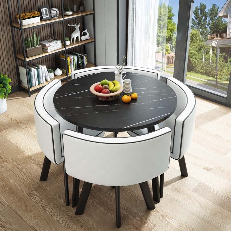 【Furniture】【BS】Small Round Wooden Dining Table Set with 4 Upholstered Chairs for Corner Balcony