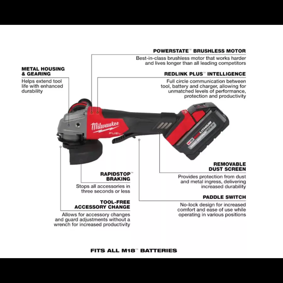 M18 FUEL 18-Volt Lithium-Ion Brushless Cordless 4-1/2 in. Grinder, Paddle Switch Kit with Two 6.0 Ah Batteries