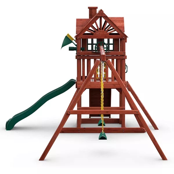 WOODEN SWING SET WITH WOODEN ROOF, TWO SWINGS, SLIDING