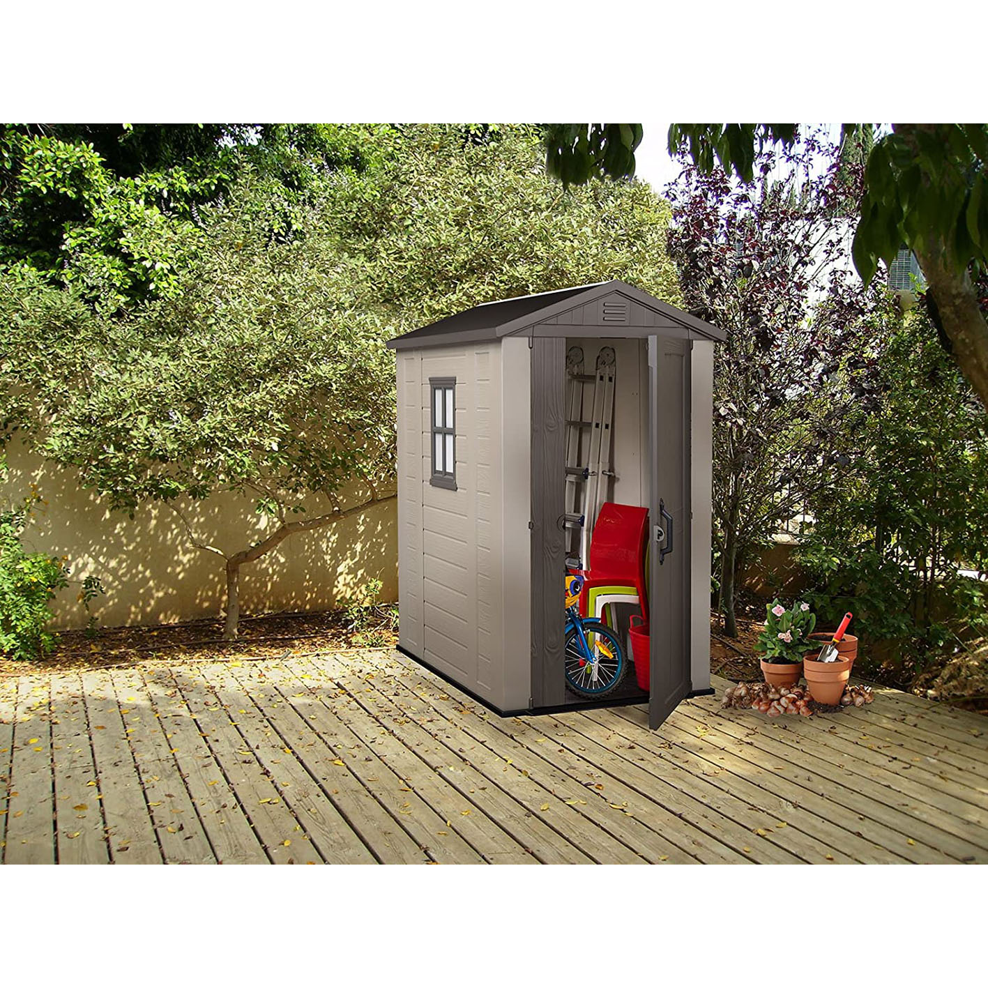 Keter Factor 4x6 Outdoor Storage Shed | Shop Patio Furniture, Garden Tools, Bicycle Accessories, Beach Chairs or Lawnmowers | Taupe & Brown