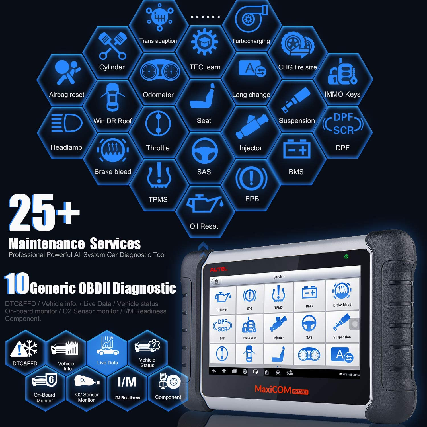 Autel MaxiCOM MK808BT Car Diagnostic Scan Tool, 2022 Newest Upgraded Ver. of MK808, MX808, All Systems Diagnosis & 25+ Services, ABS Bleed, Oil Reset, EPB, SAS, DPF, BMS, Throttle, Injector Coding