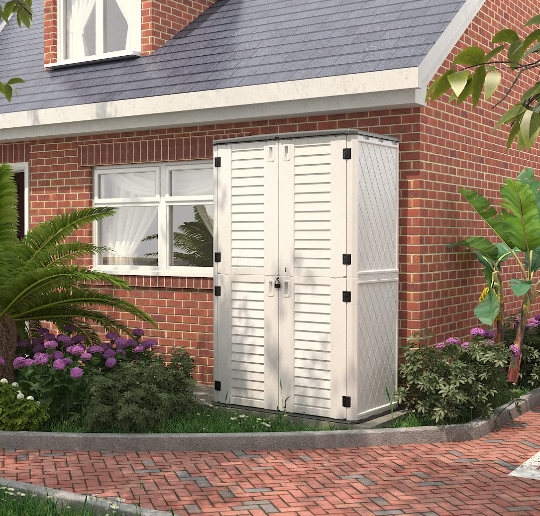 ćStorage ShedćOutdoor Storage Shed Waterproof, Resin Vertical Storage Cabinet Double-Layered