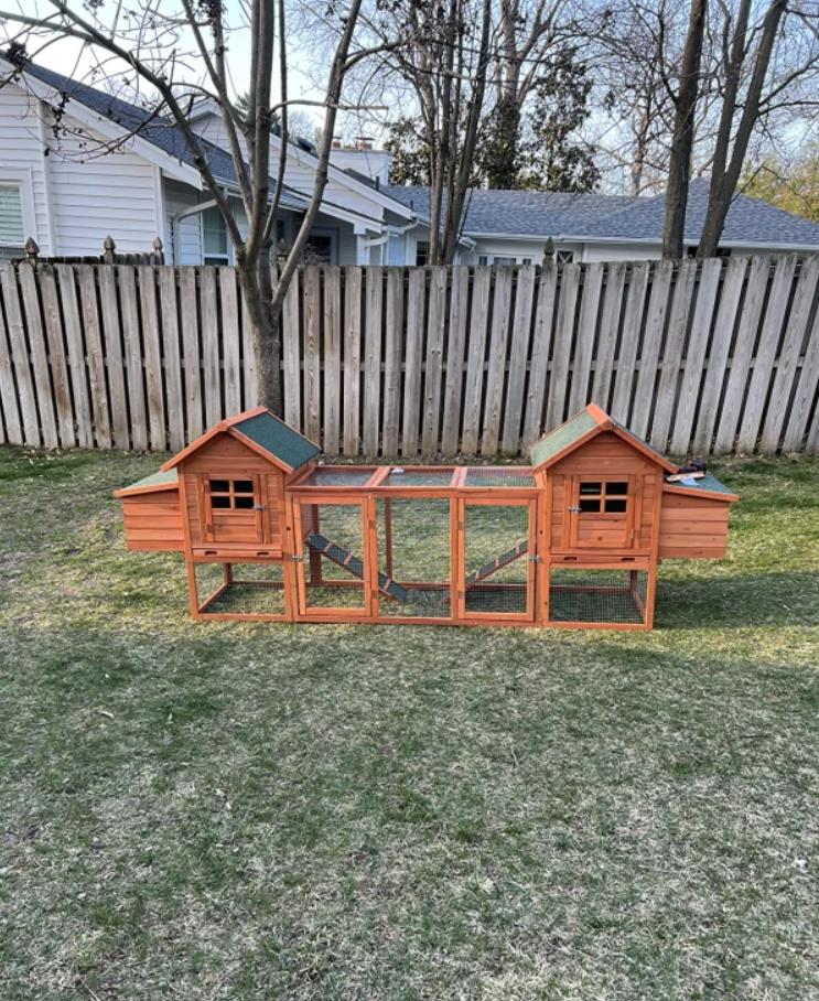 PawHut 124 Double Coop Wooden Large Coop Rabbit Hut Hen Cage Backyard with Outdoor Ramp and Nesting Box