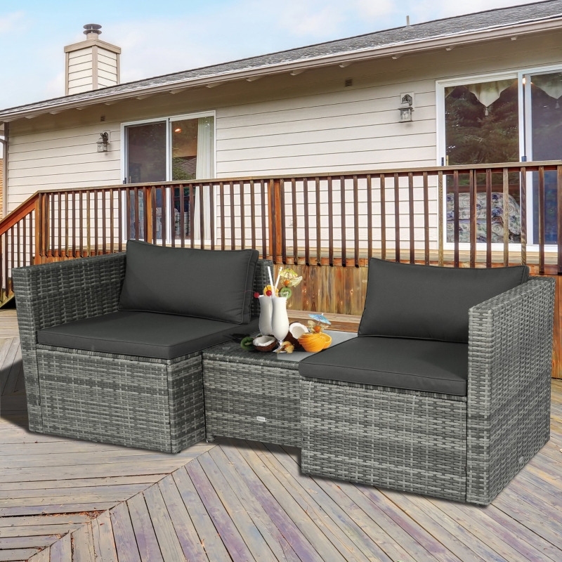 ćFurnitureććBSć3 Pieces Patio PE Rattan Bistro Set Cushioned Armchair Sofa and Coffee Table Outdoor Furniture
