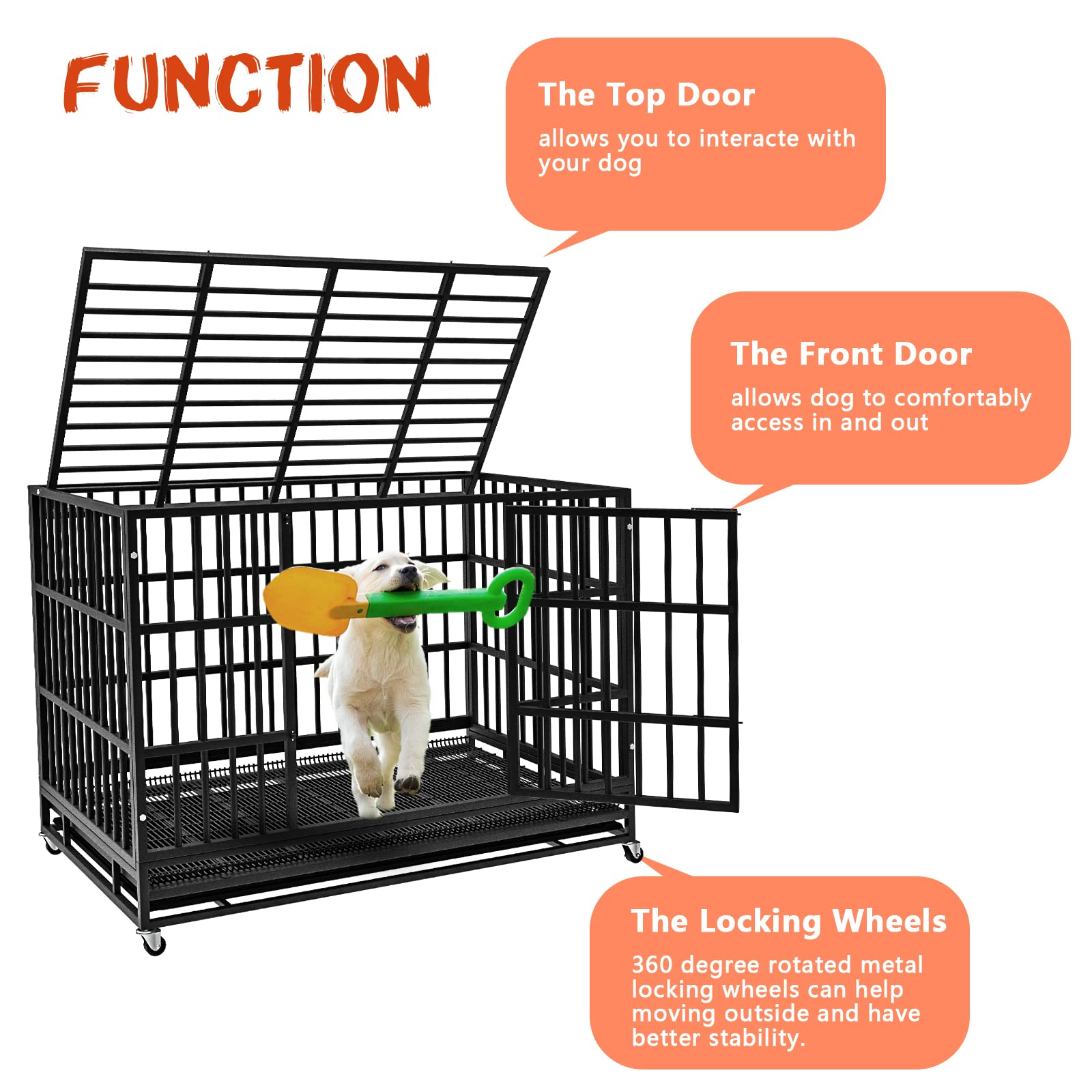 【Pet】【BS】48/38 inch Heavy Duty Dog Crate, Escape Proof Dog cage with Lockable Wheels & Removable Tray