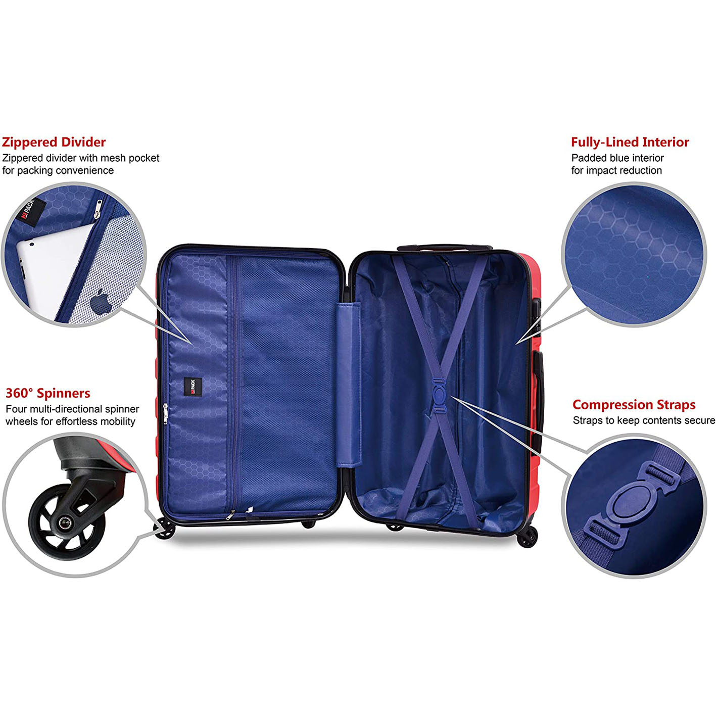 Hipack Prime Suitcases Hardside Luggage with Spinner Wheels, Red, 3-Piece Set (20/24/28)