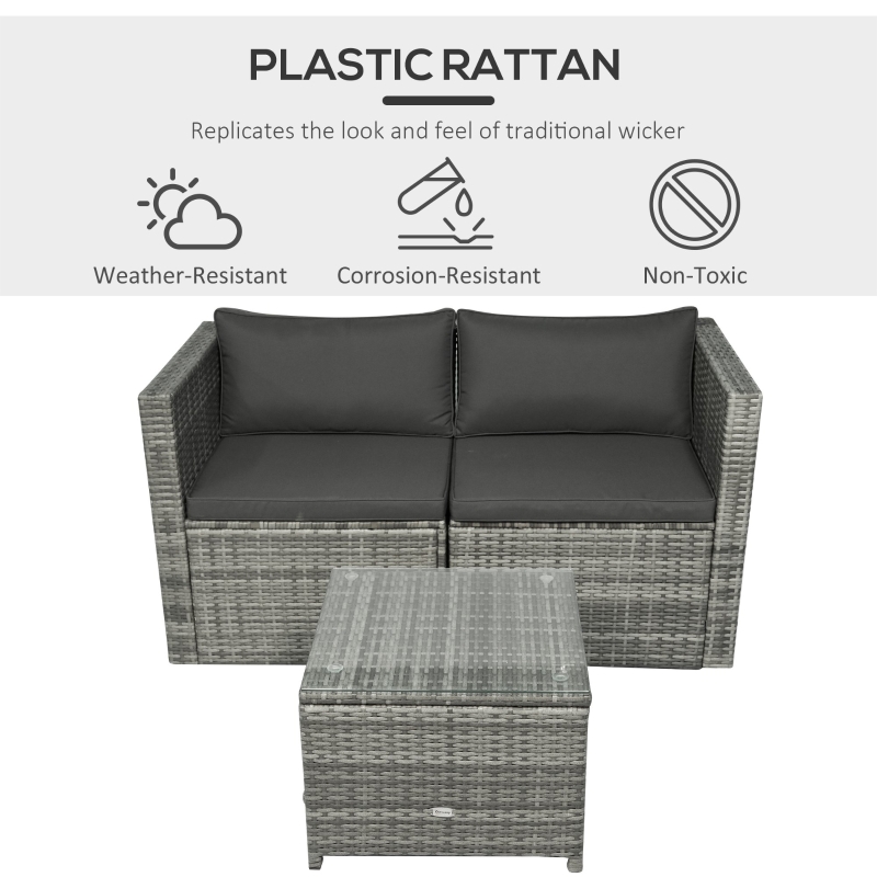 ćFurnitureććBSć3 Pieces Patio PE Rattan Bistro Set Cushioned Armchair Sofa and Coffee Table Outdoor Furniture