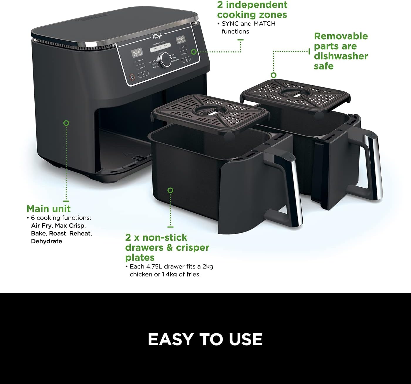 Ninja Foodi Max Dual Zone Air Fryer [AF400UK] 2-drawer, 6 cooking functions, 9.5L