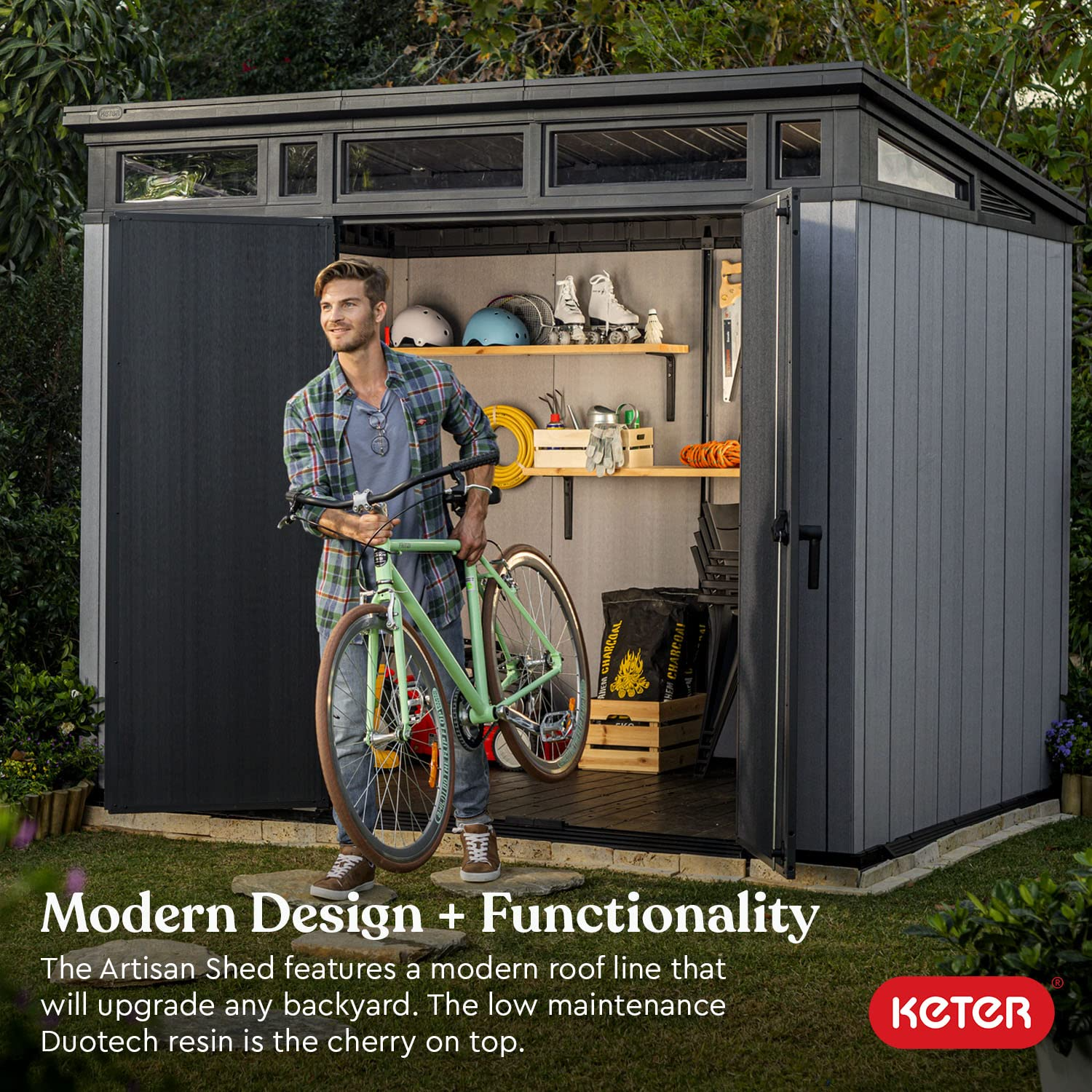 9x7 Foot Large Outdoor Shed with Floor with Modern Design for Patio Furniture, Tools