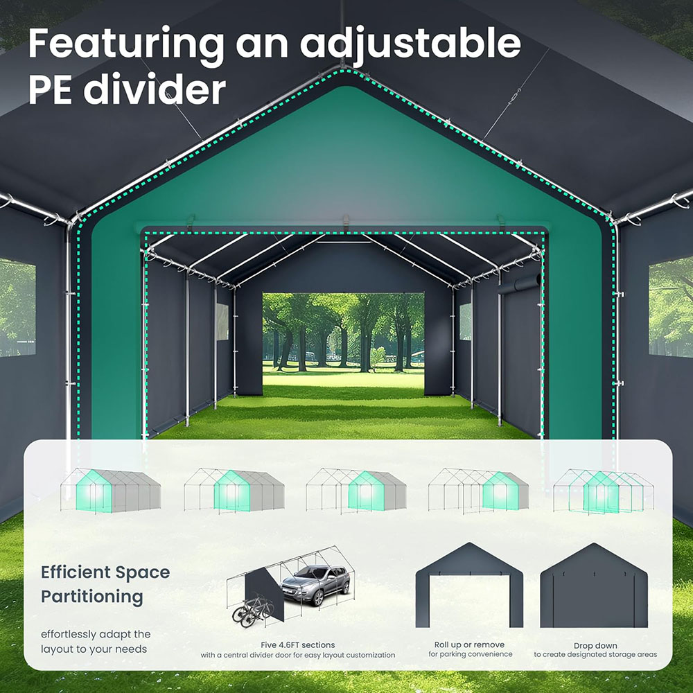 PHI VILLA 13'x24'x9.6' Outdoor Portable Storage Shed Garage with Roll-Up Zipper Door and Vent Carport