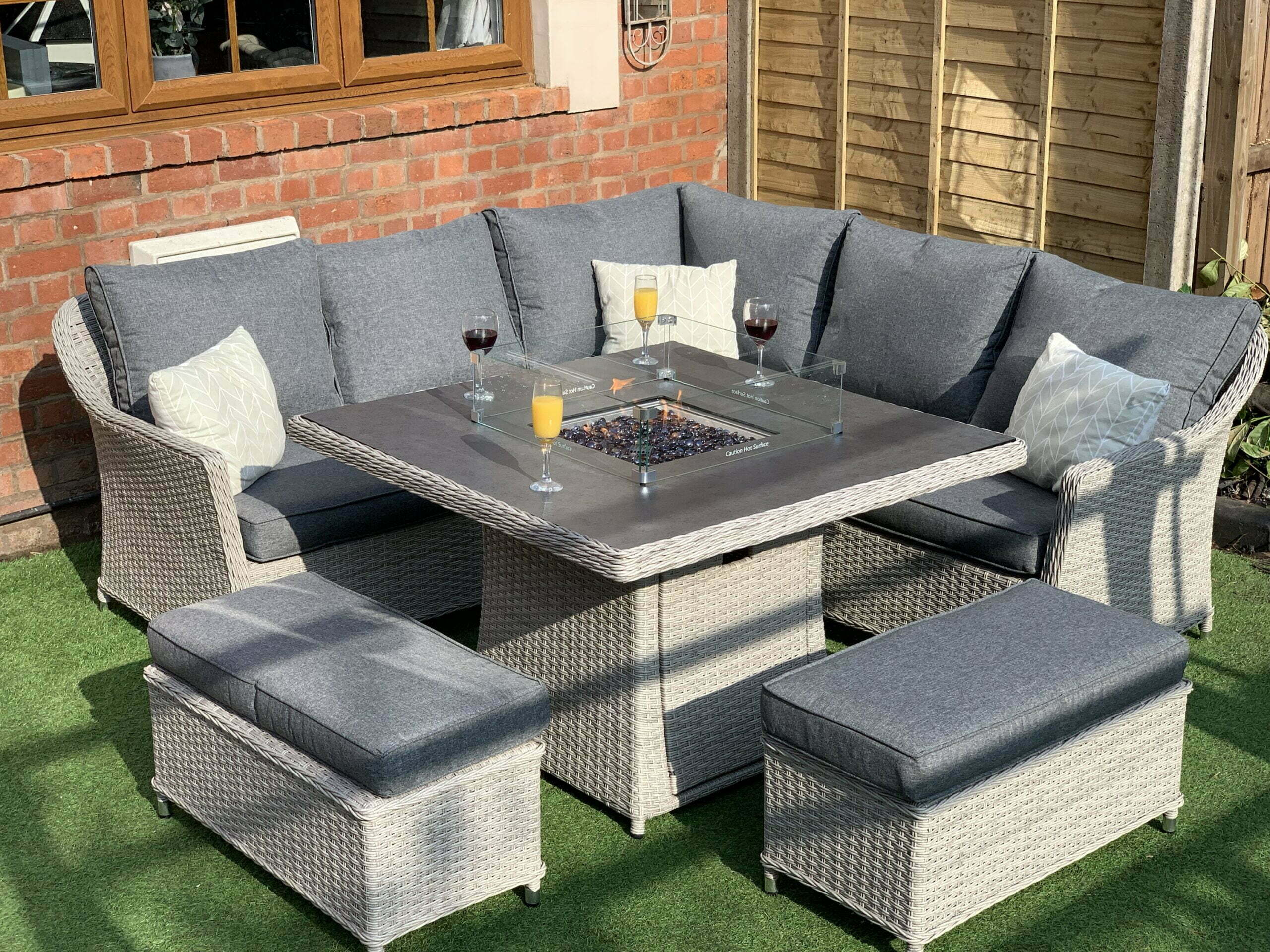Rattan Corner Firepit Dining Patio Set 8 Seater