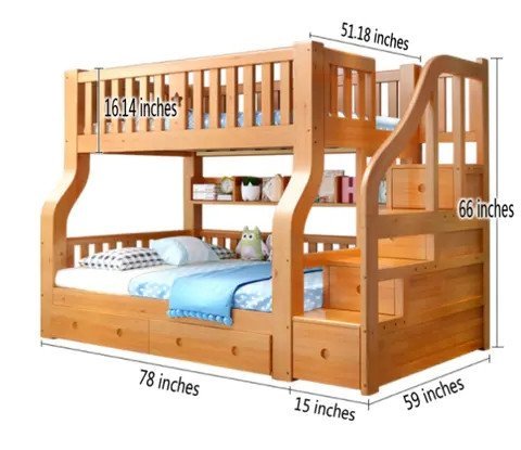 Dylan children's bunk bed with guardrail and ladder, wooden double bed