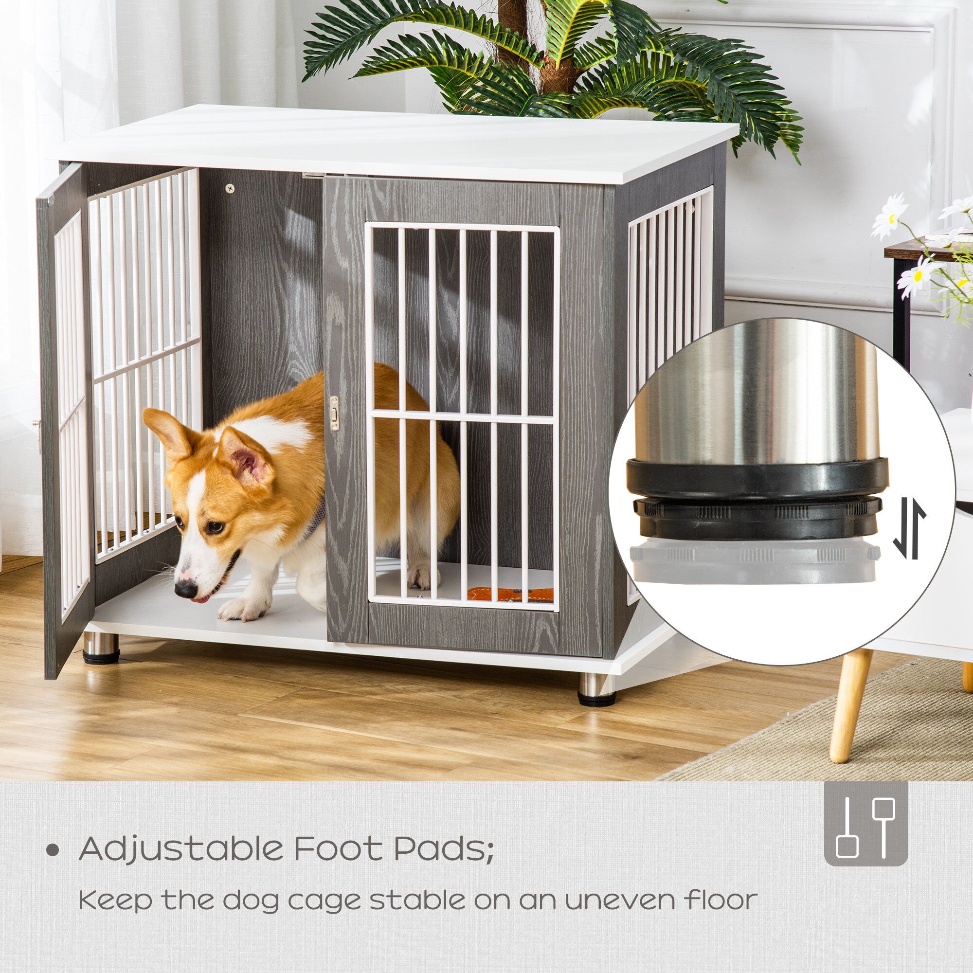 Pawhut Dog Crate, Wooden Pet Kennel Cage With Lockable Door And Adjustable Foot Pads, Modern Design, Grey And White