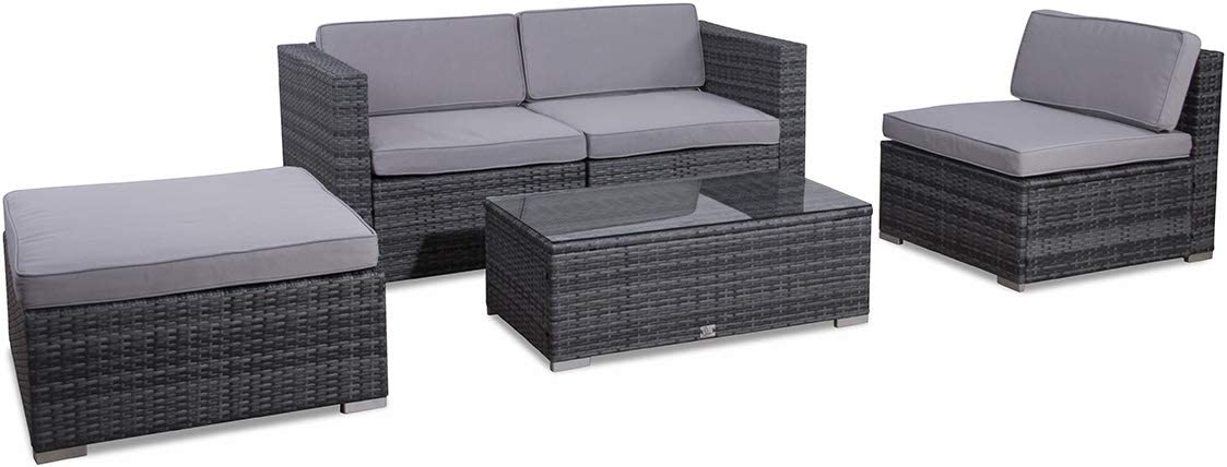 Outsunny 5PC Rattan Furniture Set Garden Outdoor Sectional Sofa Coffee Table Combo Patio Furniture Metal Frame w/Cushion Pillows Grey