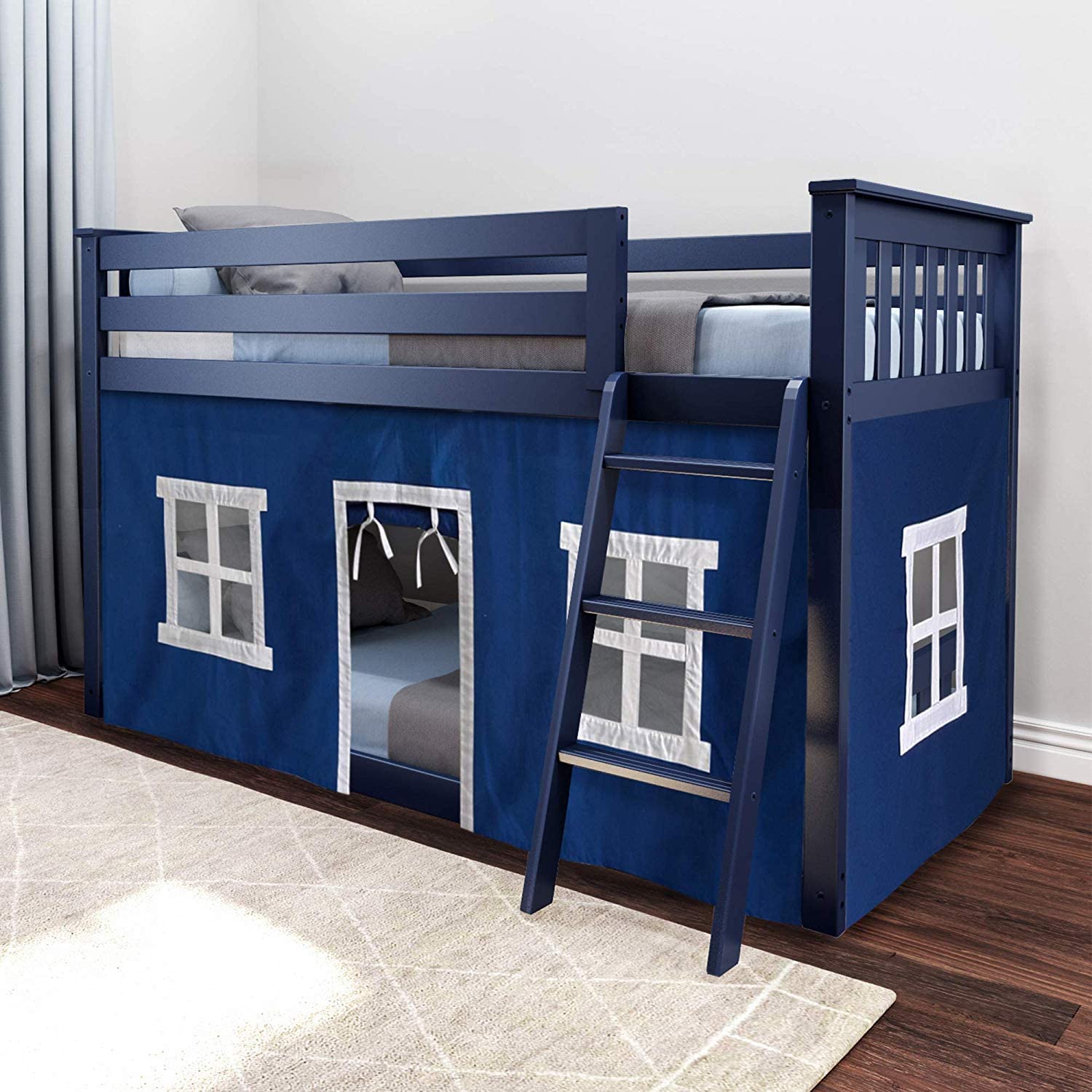【Furniture】【BS】Low Bunk Bed, Twin-Over-Twin Bed Frame for Kids with Curtains for Bottom, Clay/Blue