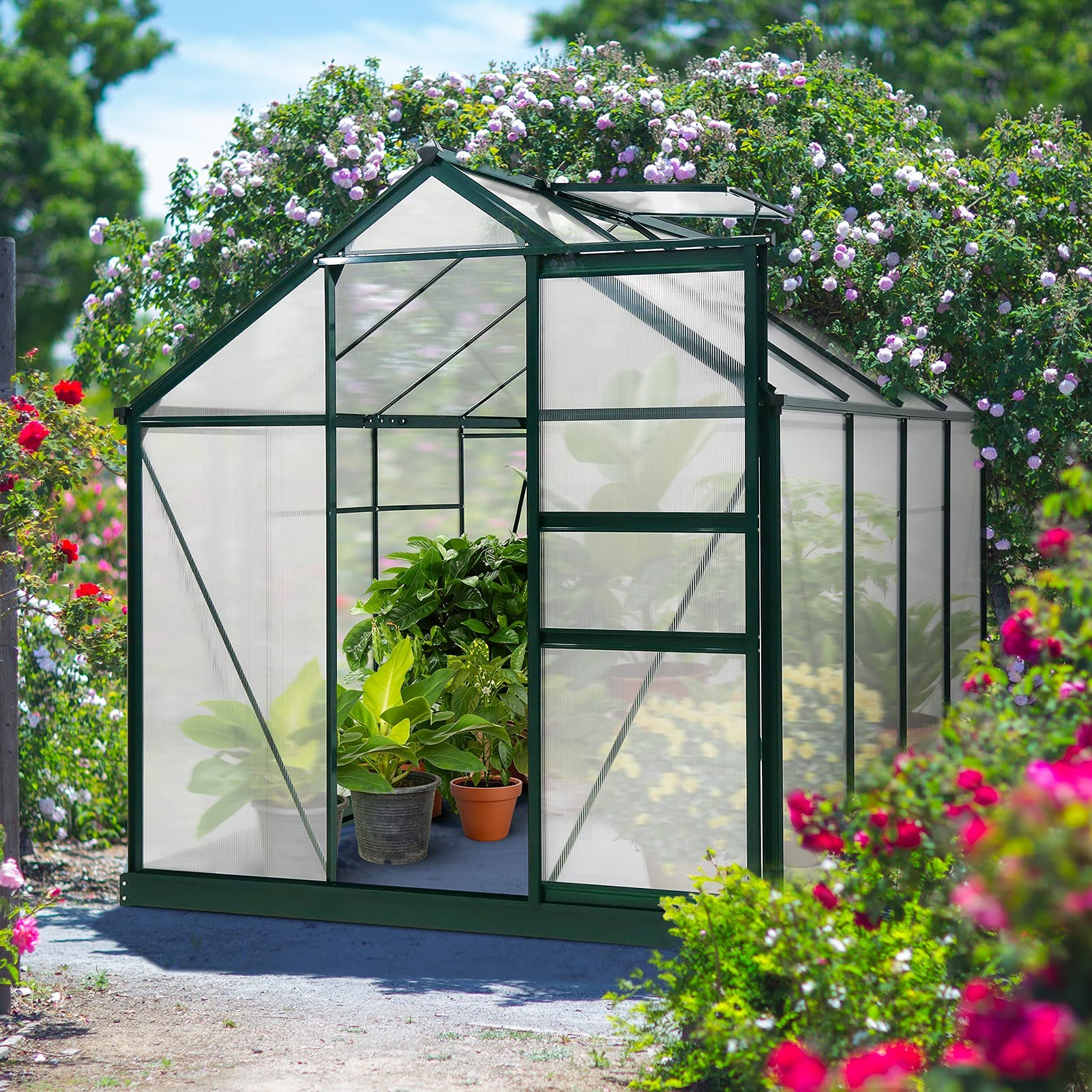 6' x 8' x 7' Outdoor Walk-in Hobby Greenhouse with Sliding Door & Ventilation Window