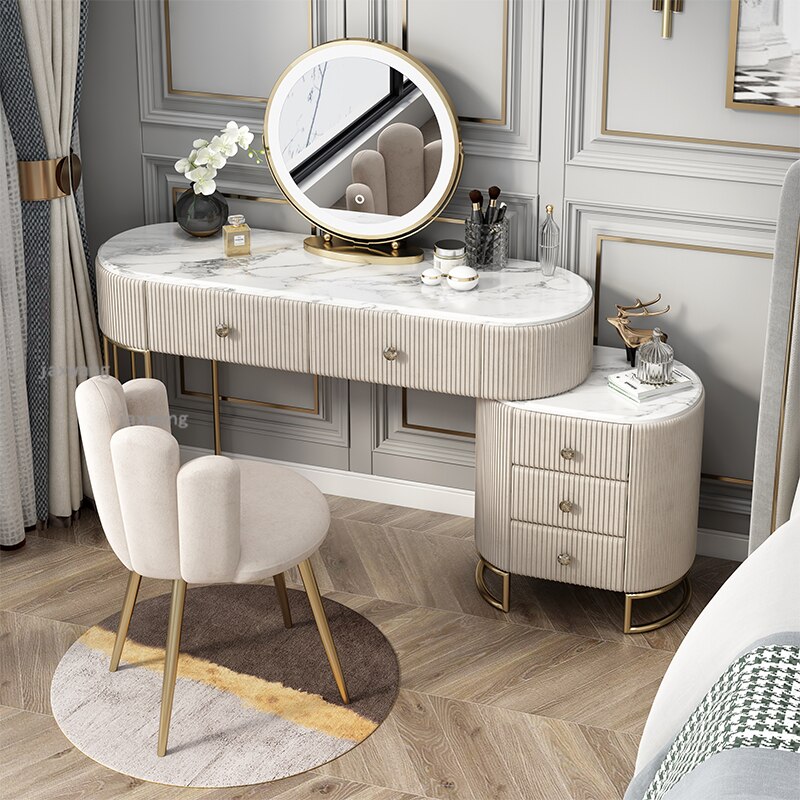 【Furniture】【BS】Nordic Dressing Table with Mirror, Stool & 3 Light Effect LED Mirrors, Golden Iron Dresser