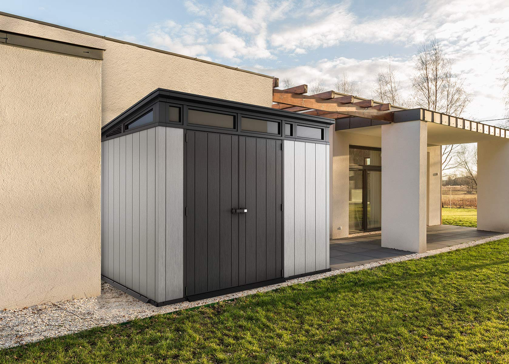 9x7 Foot Large Outdoor Shed with Floor with Modern Design for Patio Furniture, Tools