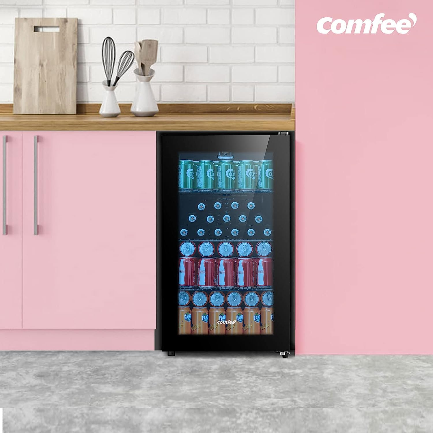 COMFEE' RCZ96BG1(E) Under Counter Beer Fridge, 93L Beverages & Drinks Fridge, LED Light, Removable Shelves, Economic Energy [En