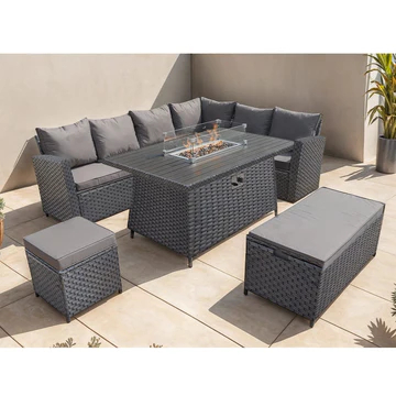 ROSEN 9 SEATER FIRE PIT RATTAN GARDEN FURNITURE CORNER DINING SOFA SET IN GREY