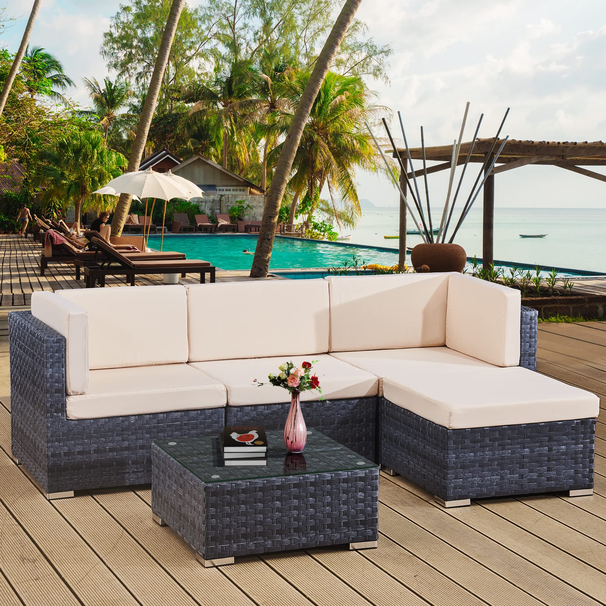 ASOWNSUN Rattan Garden Furniture Sets 4 Seater Patio Sofas with Coffee Table, Cushions, All-weather Outdoor Corner Sofa Patio Conversation Sets,Outdoor Furniture Sets Table Sofa Chair