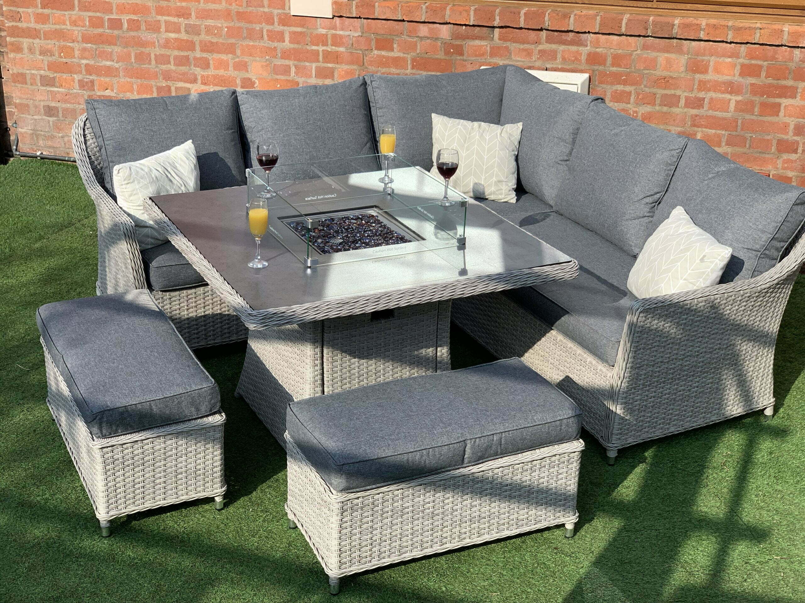 Rattan Corner Firepit Dining Patio Set 8 Seater