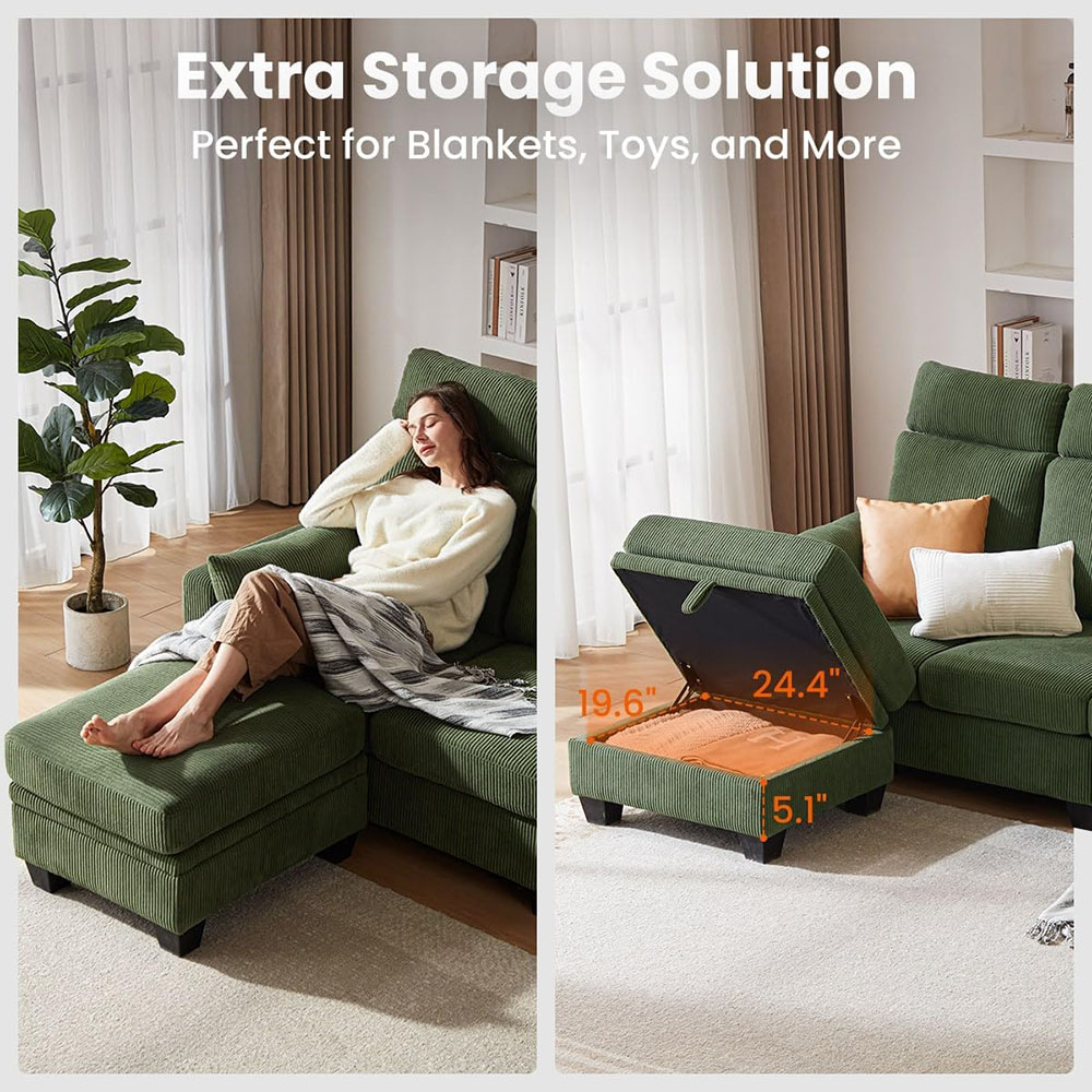 CHIC HOUSE Corduroy Sectional Couch with Ottoman Chaise, L Shaped 4-seat Sofa